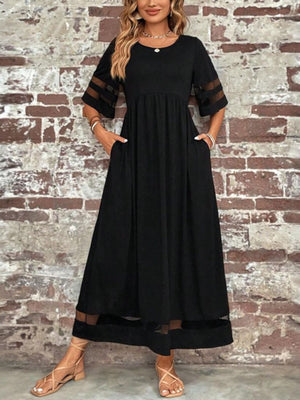 Vestido largo bohemio para mujer con mangas 3/4 y ribete de malla transparente