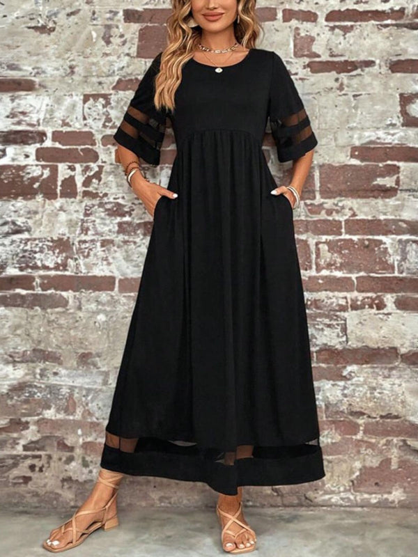 Vestido largo bohemio para mujer con mangas 3/4 y ribete de malla transparente