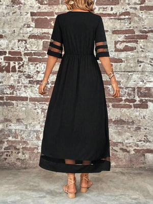 Vestido largo bohemio para mujer con mangas 3/4 y ribete de malla transparente