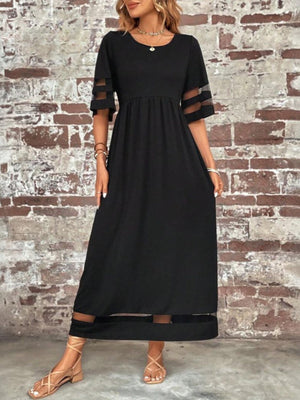 Vestido largo bohemio para mujer con mangas 3/4 y ribete de malla transparente