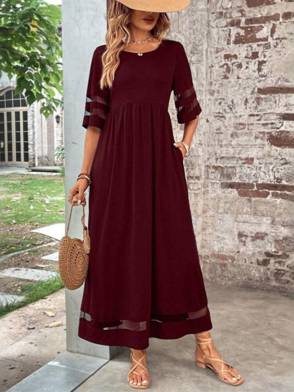 Vestido largo bohemio para mujer con mangas 3/4 y ribete de malla transparente
