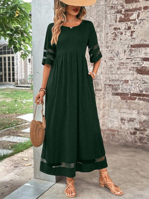 Vestido largo bohemio para mujer con mangas 3/4 y ribete de malla transparente