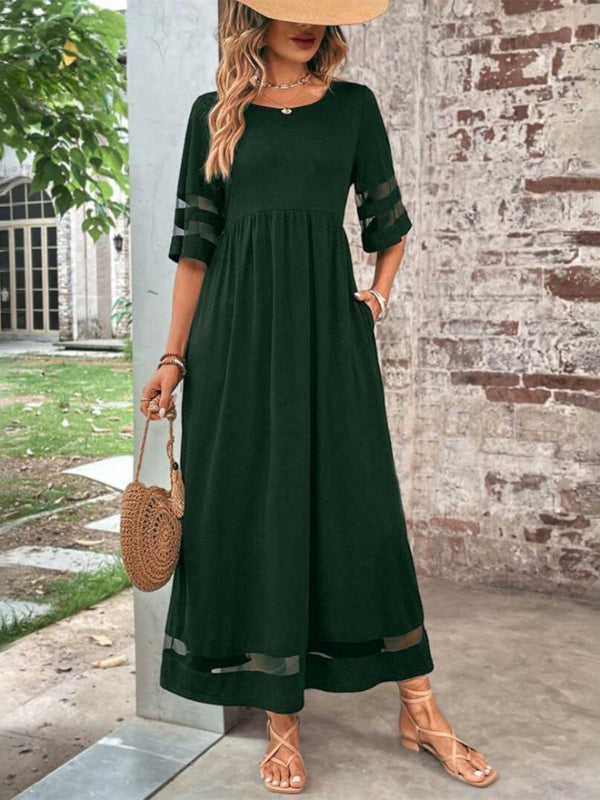 Vestido largo bohemio para mujer con mangas 3/4 y ribete de malla transparente