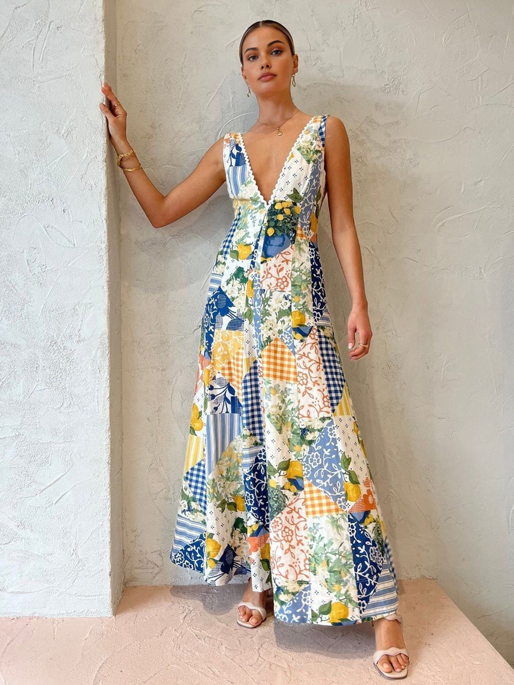 Vestido maxi elegante de patchwork con escote en V estilo bohemio blanco