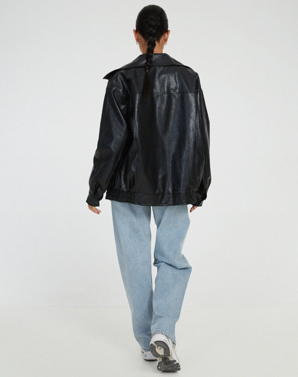 Women's Oversized Zip-Up Faux Leather Bomber Jacket