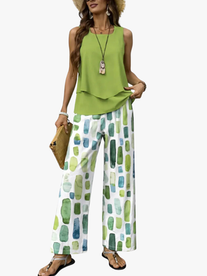 Women's Layered Top and Printed Wide-Leg Trousers Set
