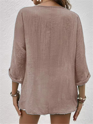 Women's Relaxed V-Neck Button Front Blouse with 3/4 Sleeves