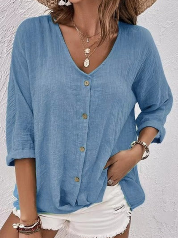 Women's Relaxed V-Neck Button Front Blouse with 3/4 Sleeves