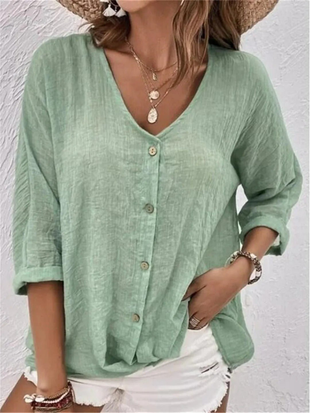Women's Relaxed V-Neck Button Front Blouse with 3/4 Sleeves