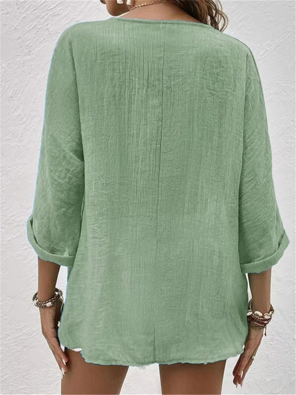 Women's Relaxed V-Neck Button Front Blouse with 3/4 Sleeves