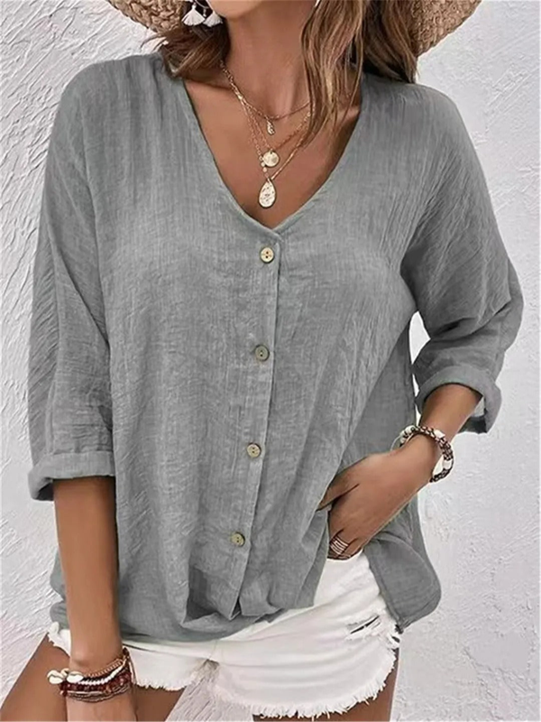 Women's Relaxed V-Neck Button Front Blouse with 3/4 Sleeves