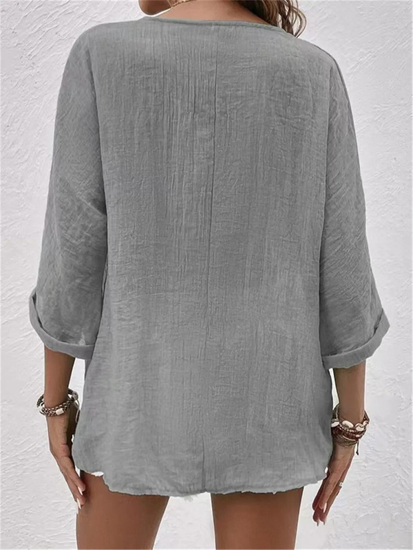 Women's Relaxed V-Neck Button Front Blouse with 3/4 Sleeves