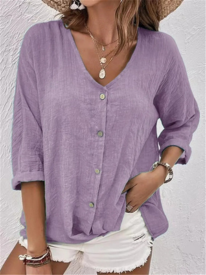 Women's Relaxed V-Neck Button Front Blouse with 3/4 Sleeves