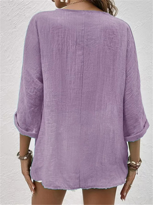 Women's Relaxed V-Neck Button Front Blouse with 3/4 Sleeves