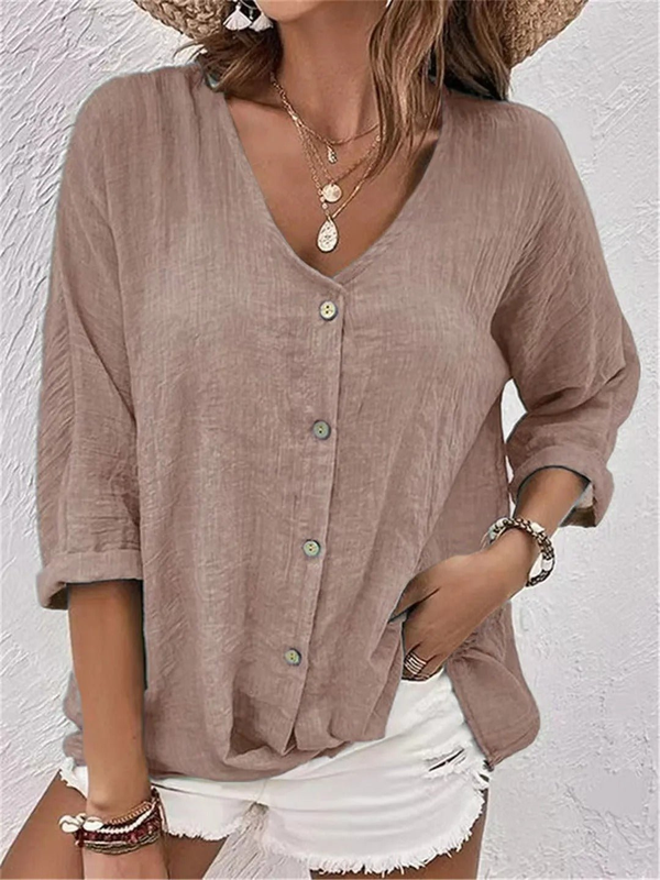 Women's Relaxed V-Neck Button Front Blouse with 3/4 Sleeves