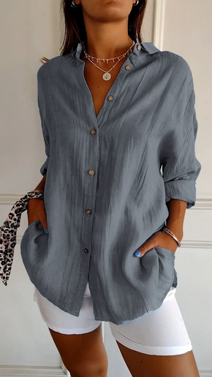 Women's Relaxed Button-Up Collared  Long Sleeve Blouse