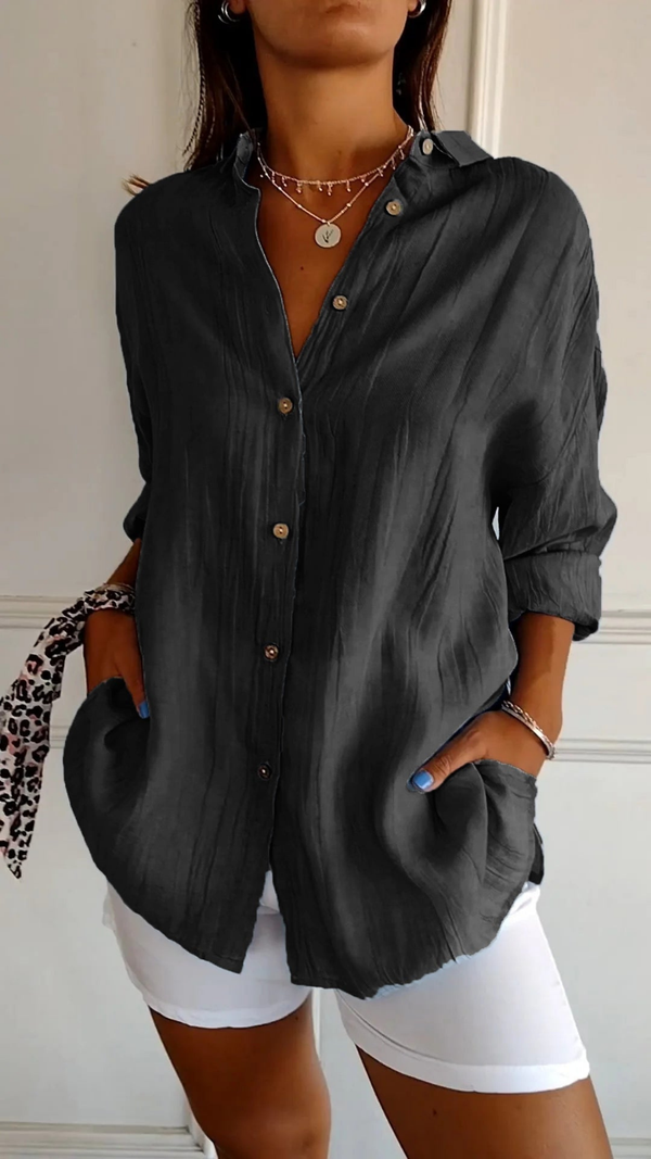 Women's Relaxed Button-Up Collared  Long Sleeve Blouse