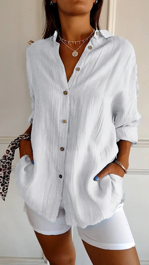Women's Relaxed Button-Up Collared  Long Sleeve Blouse