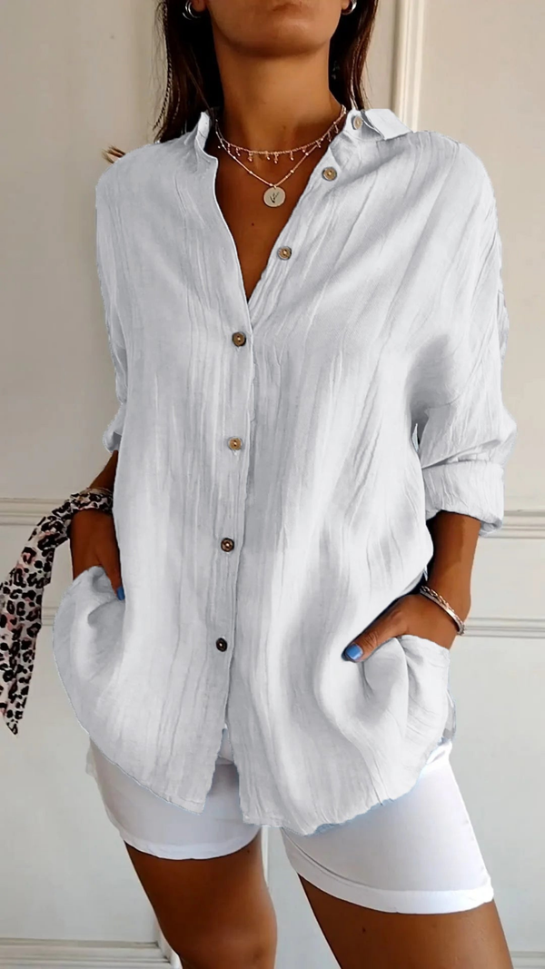 Women's Relaxed Button-Up Collared  Long Sleeve Blouse
