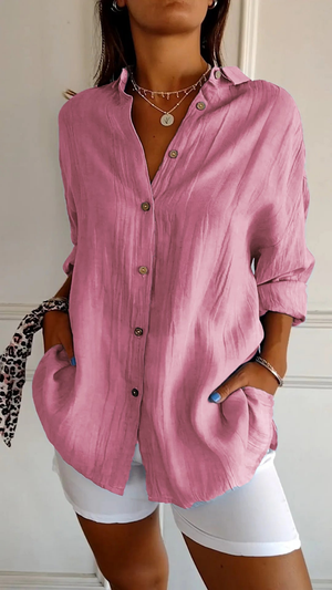 Women's Relaxed Button-Up Collared  Long Sleeve Blouse