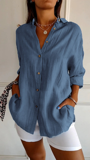 Women's Relaxed Button-Up Collared  Long Sleeve Blouse