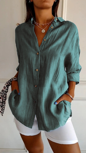 Women's Relaxed Button-Up Collared  Long Sleeve Blouse