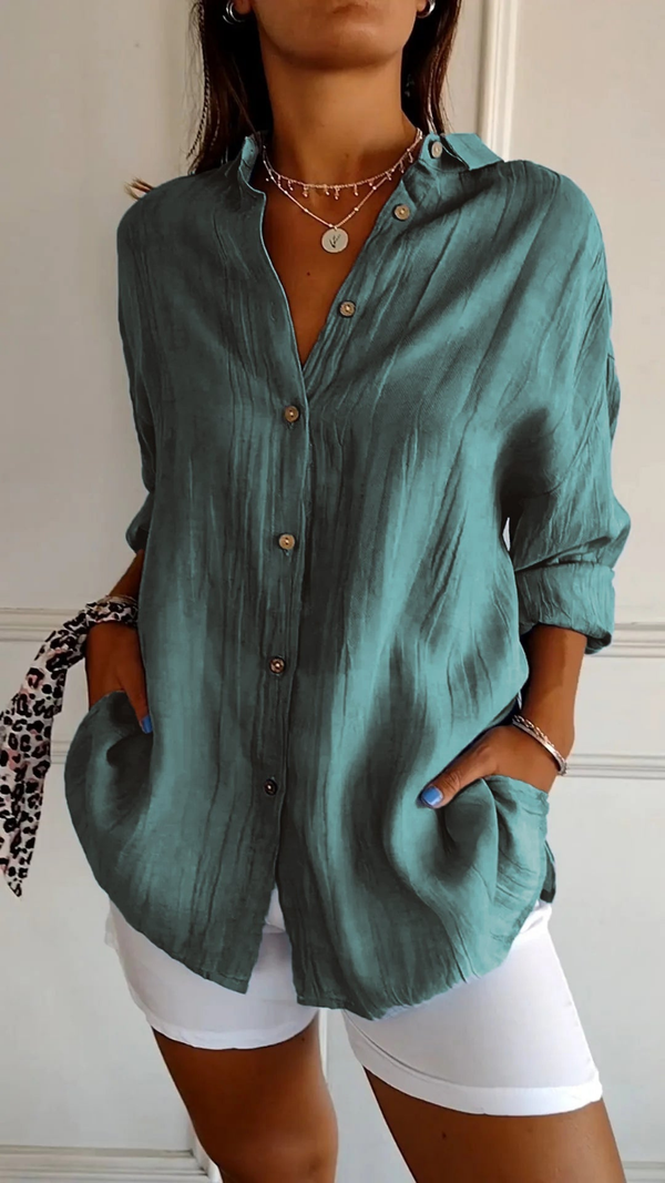 Women's Relaxed Button-Up Collared  Long Sleeve Blouse