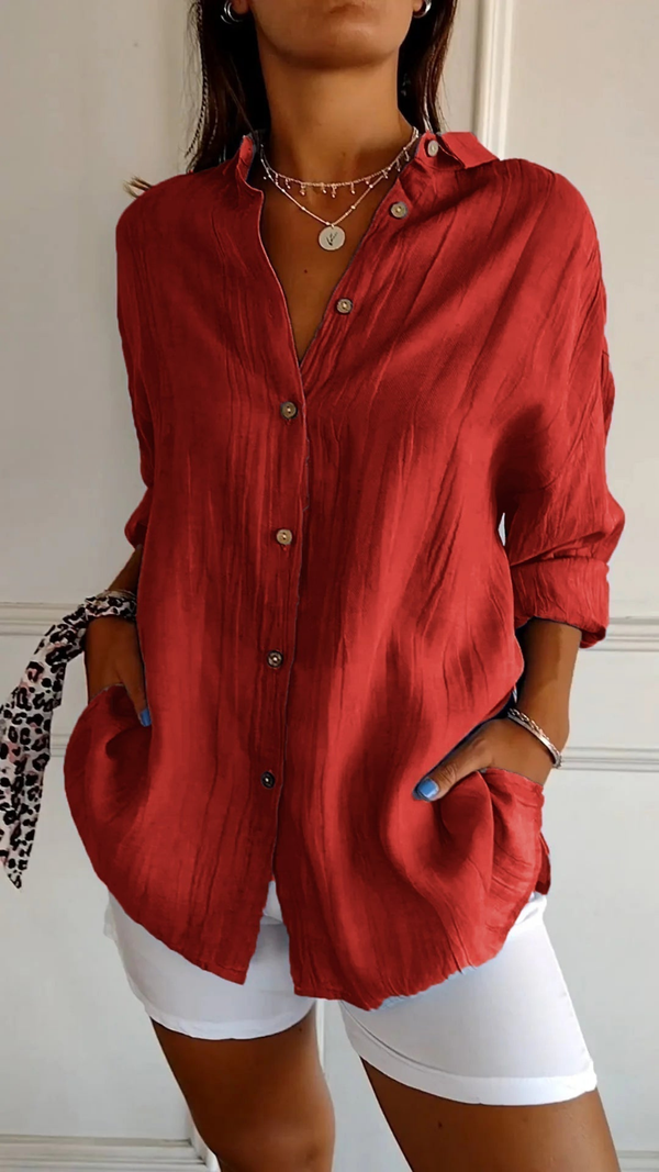 Women's Relaxed Button-Up Collared  Long Sleeve Blouse