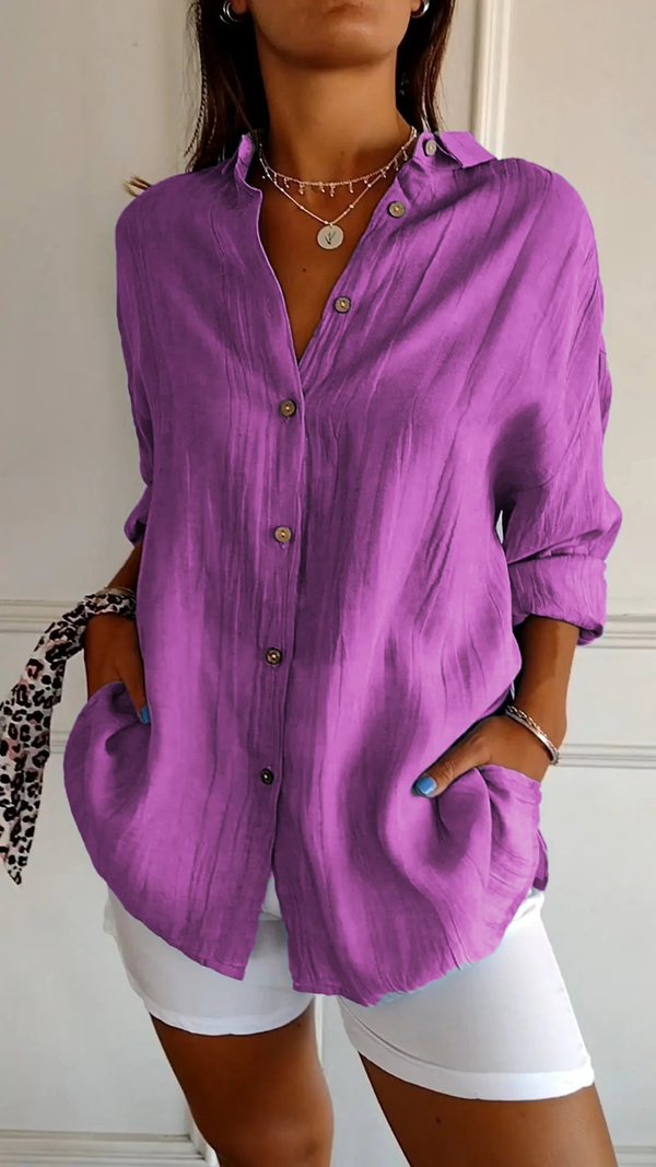 Women's Relaxed Button-Up Collared  Long Sleeve Blouse