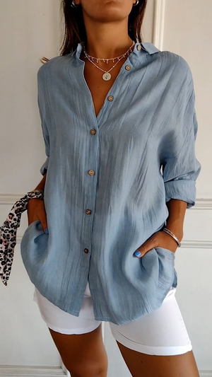 Women's Relaxed Button-Up Collared  Long Sleeve Blouse