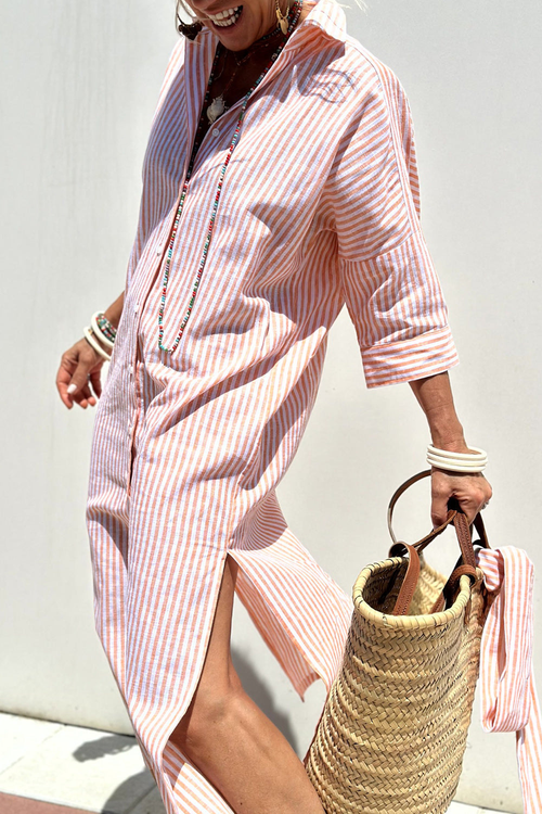 Women's Striped Button-Down Midi Dress with Relaxed Flowy Fit