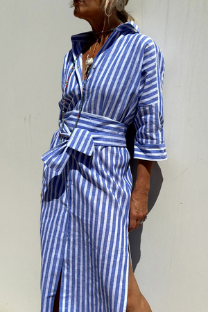 Women's Striped Button-Down Midi Dress with Relaxed Flowy Fit