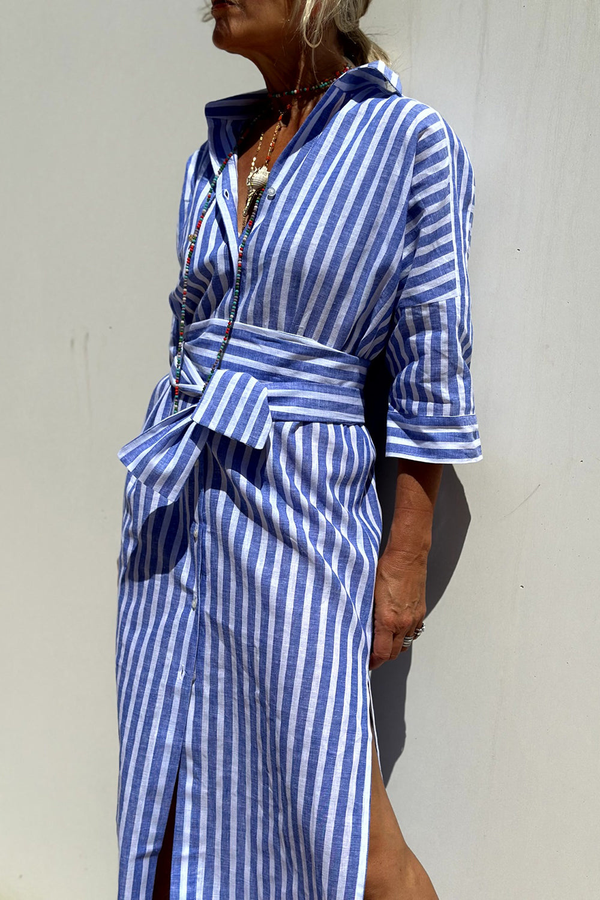 Women's Striped Button-Down Midi Dress with Relaxed Flowy Fit