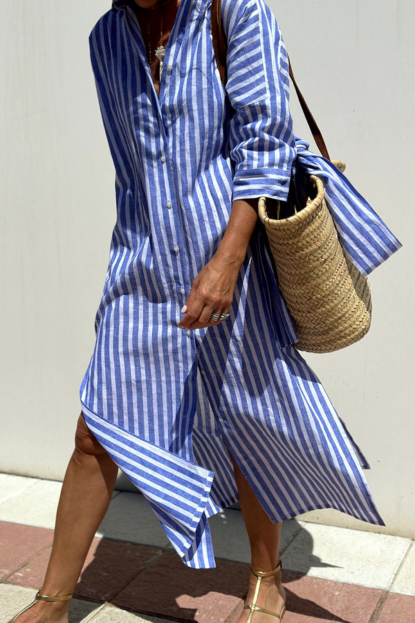 Women's Striped Button-Down Midi Dress with Relaxed Flowy Fit
