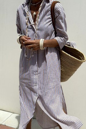 Women's Striped Button-Down Midi Dress with Relaxed Flowy Fit