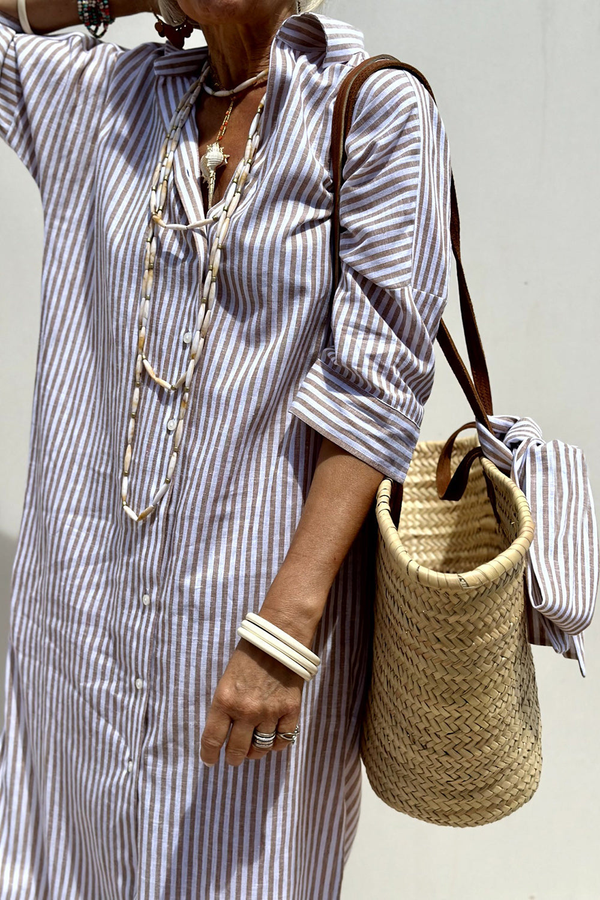 Women's Striped Button-Down Midi Dress with Relaxed Flowy Fit
