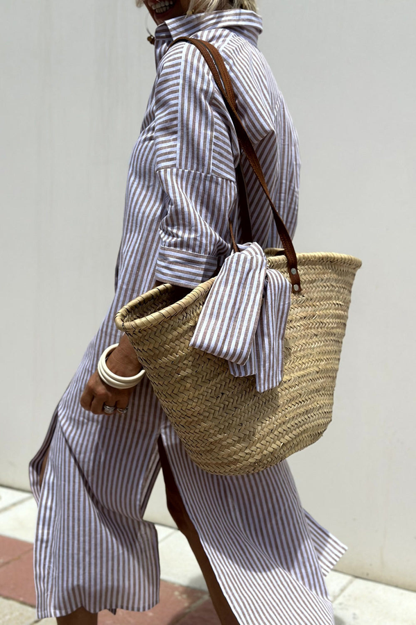 Women's Striped Button-Down Midi Dress with Relaxed Flowy Fit