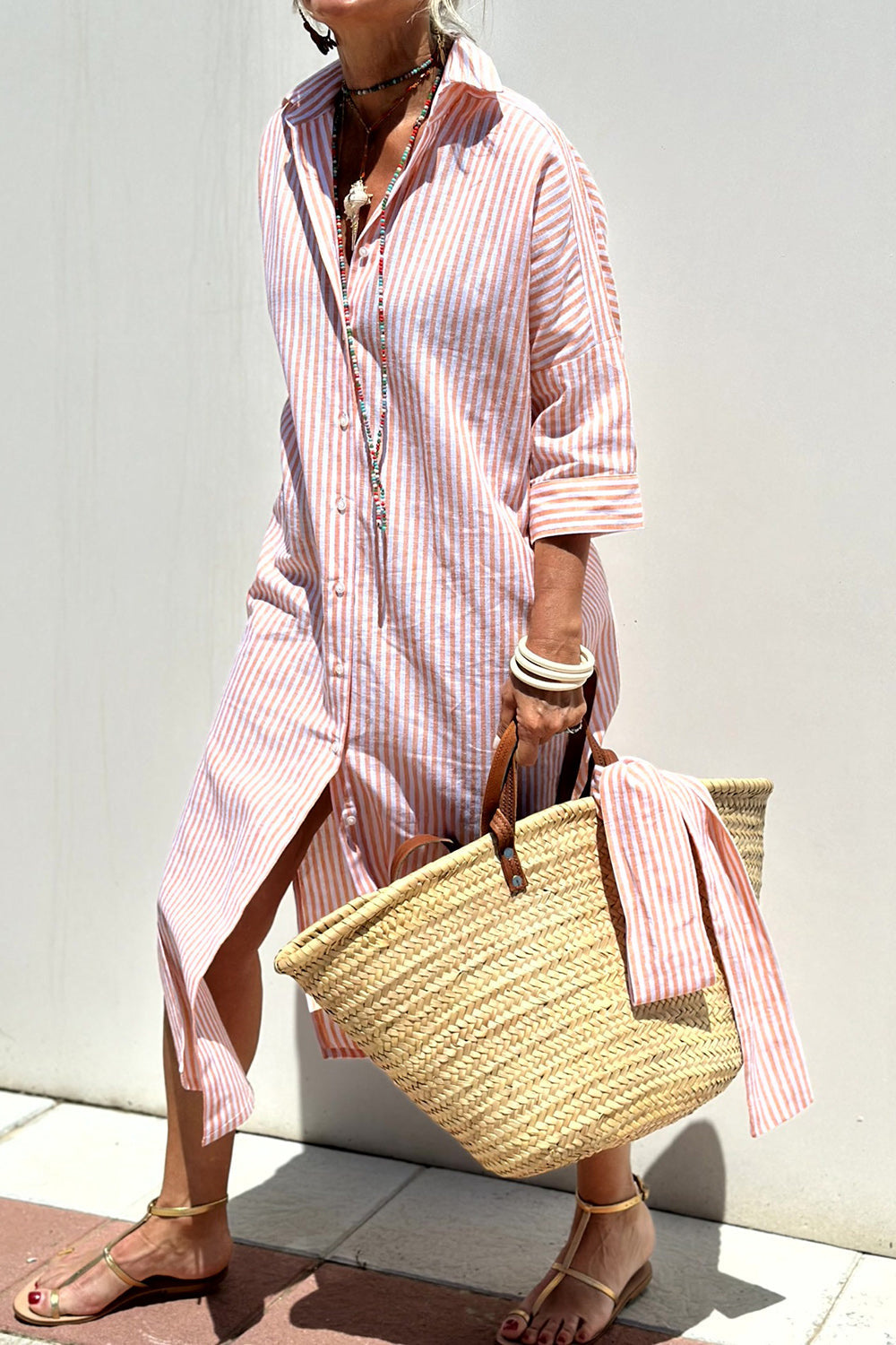 Women's Striped Button-Down Midi Dress with Relaxed Flowy Fit