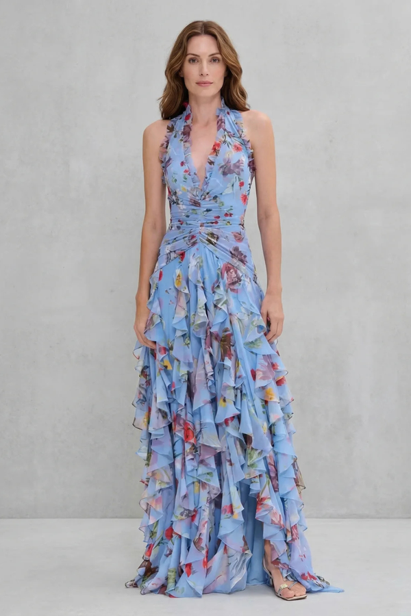 Vestido largo de mujer con cuello halter y estampado floral
