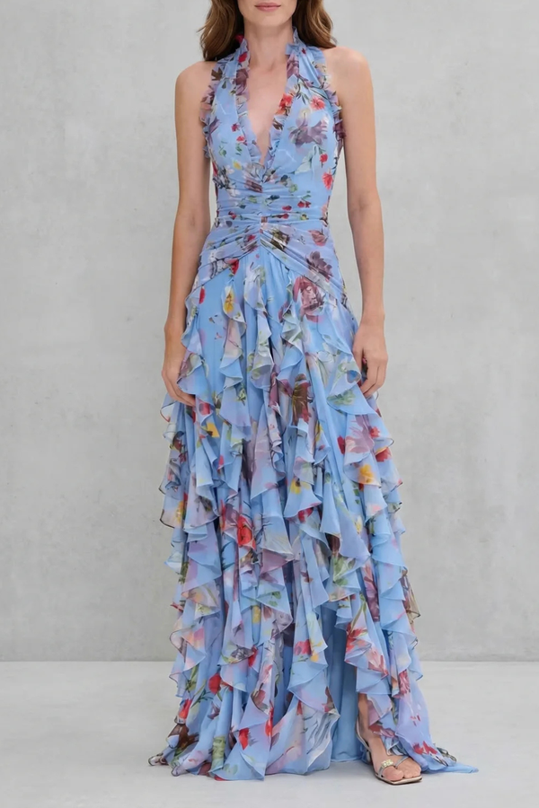 Vestido largo de mujer con cuello halter y estampado floral