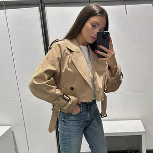 Women's Cropped Double-Breasted Trench Coat with Belted Cuffs