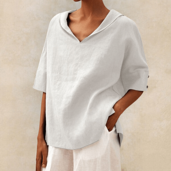 Blusa oversized para mujer con escote en V relajado y mangas cortas enrolladas