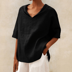 Blusa oversized para mujer con escote en V relajado y mangas cortas enrolladas
