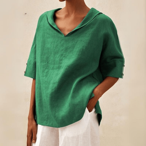Blusa oversized para mujer con escote en V relajado y mangas cortas enrolladas