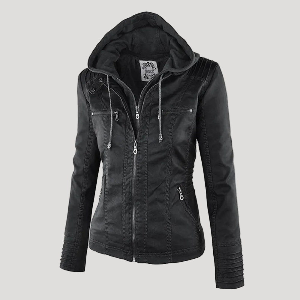 Chaqueta de cuero sintético para mujer con capucha