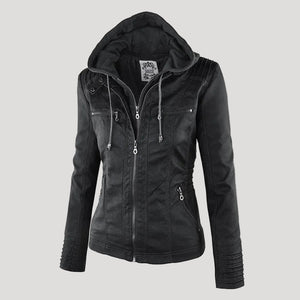 Women's Faux Leather Jacket with Hood