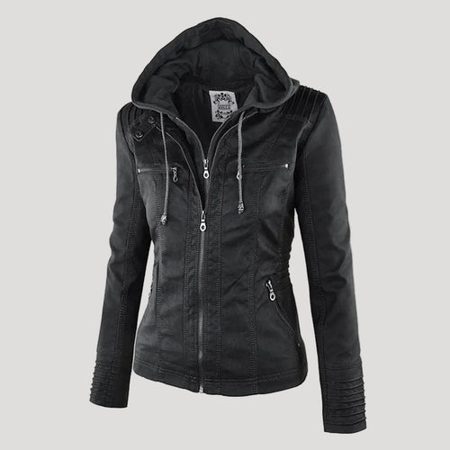 Women's Faux Leather Jacket with Hood