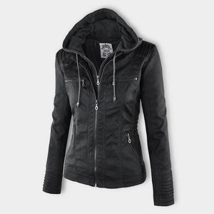 Women's Hooded Faux Leather Moto Jacket with Zip Front