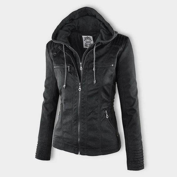 Women's Hooded Faux Leather Moto Jacket with Zip Front
