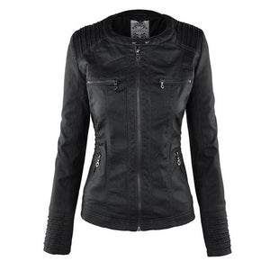 Women's Hooded Faux Leather Moto Jacket with Zip Front
